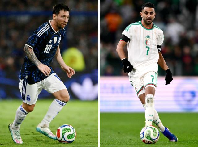 (COMBO) This combination of file photo created on June 15, 2026, shows Argentina's forward #10 Lionel Messi in Buenos Aires on March 31, 2026 (L); and Algeria’s forward #07 Riyad Mahrez in Turin on March 31, 2026. Argentina and Algeria will meet in an 2026 World Cup Group J football match at the Kansas City Stadium in Kansas City on June 16, 2026. (Photo by Luis ROBAYO and Marco BERTORELLO / AFP)