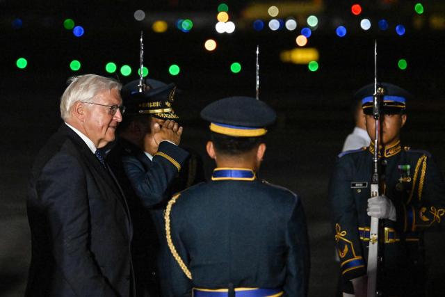 German President Frank-Walter Steinmeier (L) arrives at the Villamor Air Base in Pasay, Metro Manila on June 15, 2026. (Photo by Jam STA ROSA / POOL / AFP)