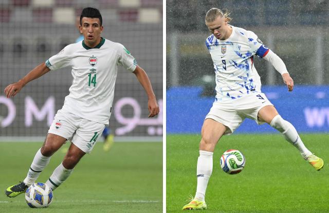 (COMBO) This combination of file photos created on Iraq's midfielder Amjad Attwan in Al Wakrah, on September 7, 2021 (L); and Norway's  captain #09 Erling Braut Haaland in Milan, on November 16, 2025. Iraq and Norway will meet in a 2026 World Cup Group I football match at the Boston Stadium in Foxborough on June 16, 2026. (Photo by Stefano RELLANDINI and Karim JAAFAR / AFP)