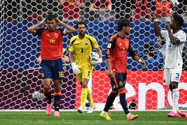 Spain's midfielder #16 Rodri (L) reacts after next to Cape Verde's goalkeeper #01 Vozinha (C) after missing a goal opportunity during the 2026 World Cup Group H football match between Spain and Cape Verde at the Atlanta Stadium in Atlanta on June 15, 2026.  (Photo by Roberto SCHMIDT / AFP)