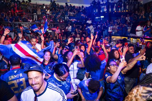 Cape Verde supporters watch the live broadcast of the 2026 FIFA World Cup footbal match between Spain and Cape Verde in Rotterdam on June 15, 2026. The Cape Verdean team has six players who were born in the Netherlands and are participating in the FIFA World Cup for the first time in it's history. (Photo by Jeroen Jumelet / AFP)