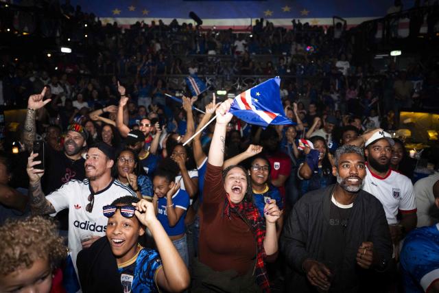 Cape Verde supporters watch the live broadcast of the 2026 FIFA World Cup footbal match between Spain and Cape Verde in Rotterdam on June 15, 2026. The Cape Verdean team has six players who were born in the Netherlands and are participating in the FIFA World Cup for the first time in it's history. (Photo by Jeroen Jumelet / AFP)