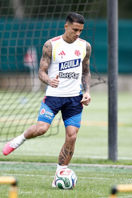Colombia's midfielder #05 Kevin Castano takes part in a  training session at Academia Atlas FC in Guadalajara, Mexico, on June 15, 2026, during the 2026 World Cup football tournament. (Photo by Ulises RUIZ / AFP)