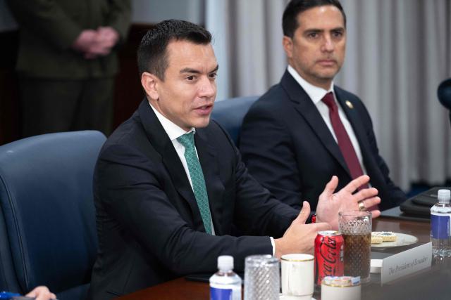 Ecuadorian President Daniel Noboa speaks during a meeting with US Secretary of Defense Pete Hegseth (not pictured) at the Pentagon in Washington, DC on June 15, 2026. (Photo by SAUL LOEB / AFP)