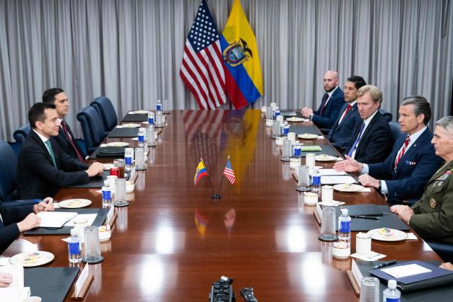 US Secretary of Defense Pete Hegseth (2R) speaks during a meeting with Ecuadorian President Daniel Noboa (L) at the Pentagon in Washington, DC on June 15, 2026. (Photo by SAUL LOEB / AFP)
