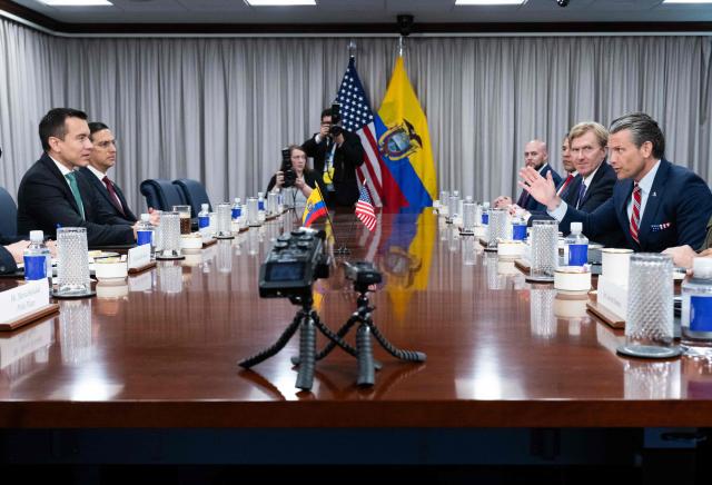 US Secretary of Defense Pete Hegseth (R) speaks during a meeting with Ecuadorian President Daniel Noboa (L) at the Pentagon in Washington, DC on June 15, 2026. (Photo by SAUL LOEB / AFP)