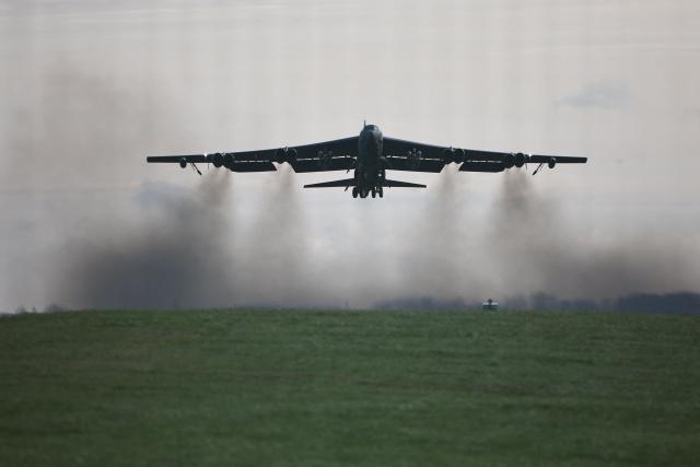 (FILES) A US Air Force B-52 Stratofortress bomber takes off from RAF Fairford in south-west England on March 15, 2026. A US bomber crashed in California on June 15, 2026, the Edwards Air Force base said on social media. "A United States Air Force B-52 Stratofortress crashed shortly after takeoff on the Edwards airfield at 11:20 a.m.," the base wrote on Facebook. "Emergency crews immediately responded to the scene and the situation is ongoing." (Photo by Henry Nicholls / AFP)
