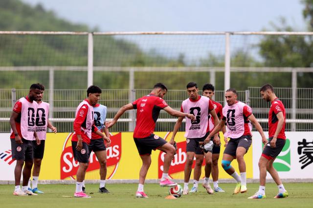 Tunisia's players take part in a training session during the 2026 World Cup football tournament, at Rayados Training Centre in Santiago, Nueva Leon state, Mexico, on June 15, 2026. (Photo by Julio Cesar AGUILAR / AFP)