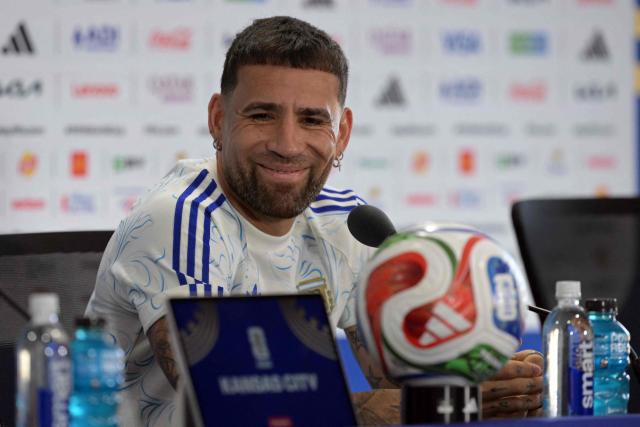 Argentina's defender #19 Nicolas Otamendi gives an MD-1 press conference at the Kansas City Stadium in Kansas City on June 15, 2026, on the eve of the 2026 World Cup Group J football match between Argentina and Algeria.  (Photo by JUAN MABROMATA / AFP)