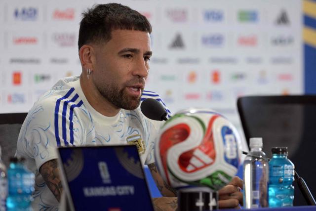 Argentina's defender #19 Nicolas Otamendi gives an MD-1 press conference at the Kansas City Stadium in Kansas City on June 15, 2026, on the eve of the 2026 World Cup Group J football match between Argentina and Algeria.  (Photo by JUAN MABROMATA / AFP)