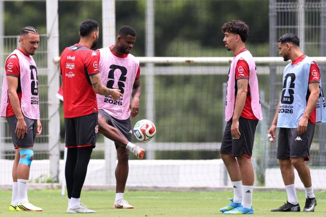 Tunisia's forward #19 Firas Chaouat controls the ball next to teammate forward #26 Sebastian Tounekti during a training session during the 2026 World Cup football tournament, at Rayados Training Centre in Santiago, Nueva Leon state, Mexico, on June 15, 2026. (Photo by Julio Cesar AGUILAR / AFP)