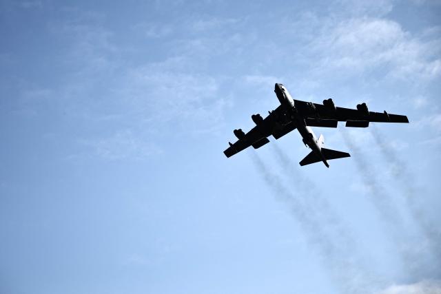 (FILES) A US Air Force B-52 Stratofortress bomber takes off from RAF Fairford in south-west England on March 15, 2026. A US bomber crashed in California on June 15, 2026, the Edwards Air Force base said on social media. "A United States Air Force B-52 Stratofortress crashed shortly after takeoff on the Edwards airfield at 11:20 a.m.," the base wrote on Facebook. "Emergency crews immediately responded to the scene and the situation is ongoing." (Photo by Henry Nicholls / AFP)