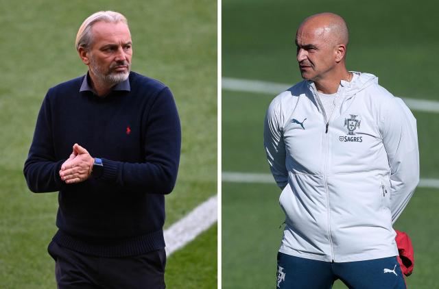 (COMBO) This combination of file photos created on June 15, 2026, shows Democratic Republic of Congo's head coach Sebastien Desabre in Rabat on January 6, 2026 (L); and Portugal’s coach Roberto Martinez in Oeiras on June 1, 2026. Portugal will meet the Democratic Republic of Congo in a 2026 World Cup Group K football match at the Houston Stadium in Houston on June 17, 2026. (Photo by SEBASTIEN BOZON and Patricia DE MELO MOREIRA / AFP)