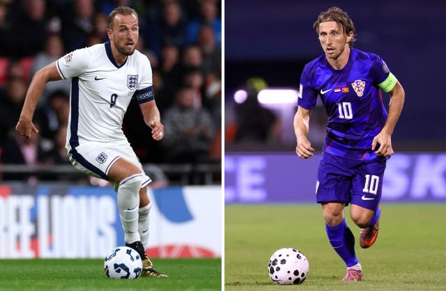 (COMBO) This combination of file photos created on June 15, 2026, shows England's striker #09 Harry Kane in London on September 10, 2024 (L); and Croatia's midfielder #10 Luka Modric in Zagreb, on September 8, 2025. England and Croatia will meet in a 2026 World Cup Group L football match at the Dallas Stadium in Arlington on June 17, 2026. (Photo by Adrian DENNIS and Damir SENCAR / AFP)