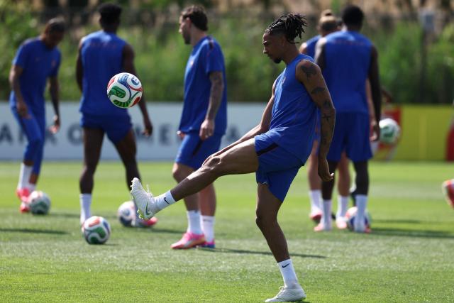 France's forward #11 Michael Olise controls the ball during a training session at Melanie Lane Training Grounds in East Hannover, New Jersey on June 15, 2026, on the eve of the 2026 World Cup Group I football match between France and Senegal. (Photo by FRANCK FIFE / AFP)