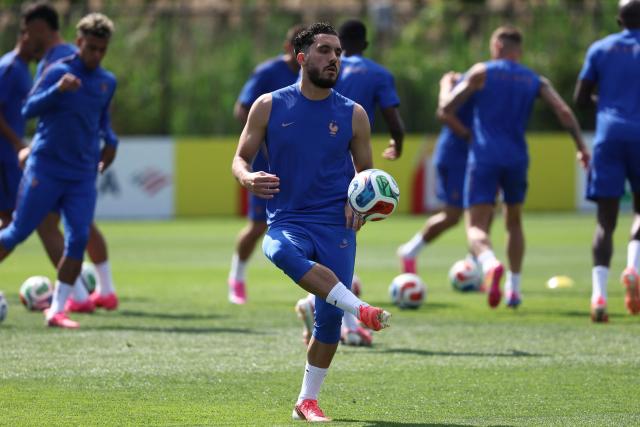 France's forward #24 Rayan Cherki controls the ball during a training session at Melanie Lane Training Grounds in East Hannover, New Jersey on June 15, 2026, on the eve of the 2026 World Cup Group I football match between France and Senegal. (Photo by FRANCK FIFE / AFP)