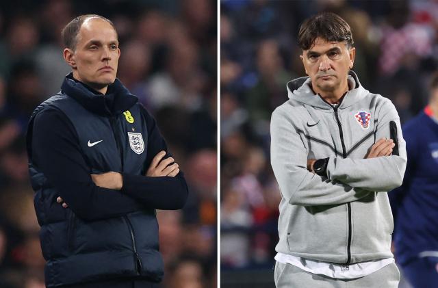(COMBO) This combination of file photos created on June 15, 2026, shows England's German head coach Thomas Tuchel in London on March 31, 2026 (L); and Croatia's coach Zlatko Dalic in Zagreb, on October 12, 2025. England and Croatia will meet in a 2026 World Cup Group L football match at the Dallas Stadium in Arlington on June 17, 2026. (Photo by Adrian DENNIS / AFP)