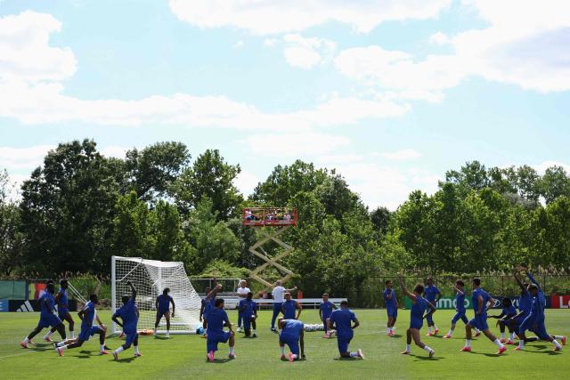 France's players take part in a training session at Melanie Lane Training Grounds in East Hannover, New Jersey on June 15, 2026, on the eve of the 2026 World Cup Group I football match between France and Senegal. (Photo by FRANCK FIFE / AFP)