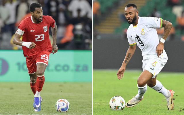 (COMBO) This combination of file photos created on June 15,  2026, shows Panama's defender #23 Michael Amir Murillo in Cape Town on March 31, 2026 (L); and Ghana's forward #9 Jordan Ayew in Ebimpe, Abidjan on January 22, 2024. Ghana will meet Panama in a 2026 World Cup Group L football match at the Toronto Stadium in Toronto on June 17, 2026. (Photo by Gianluigi GUERCIA and Issouf SANOGO / AFP)