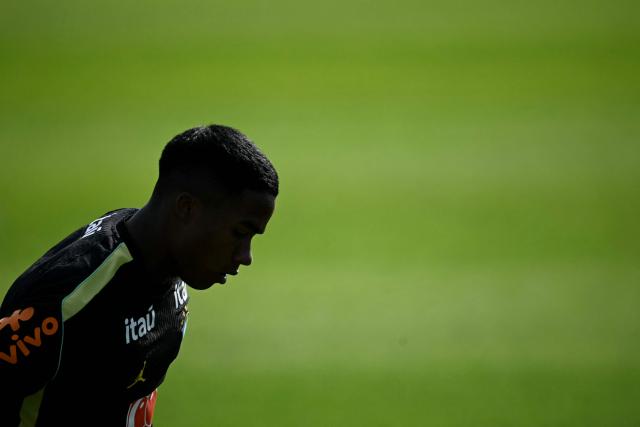 Brazil's forward #19 Endrick takes part in a training session at Columbia Park Training Facility in Morristown, New Jersey, on June 15, 2026, during the 2026 World Cup football tournament. (Photo by MAURO PIMENTEL / AFP)