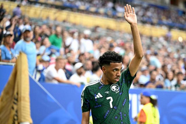 Saudi Arabia's midfielder #07 Musab Al-Juwayr gestures during the 2026 World Cup Group H football match between Saudi Arabia and Uruguay at the Miami Stadium in Miami Gardens on June 15, 2026.  (Photo by CHANDAN KHANNA / AFP)