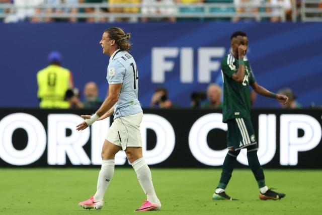 Uruguay's forward #14 Agustin Canobbio reacts during the 2026 World Cup Group H football match between Saudi Arabia and Uruguay at the Miami Stadium in Miami Gardens on June 15, 2026.  (Photo by PATRICIA DE MELO MOREIRA / AFP)
