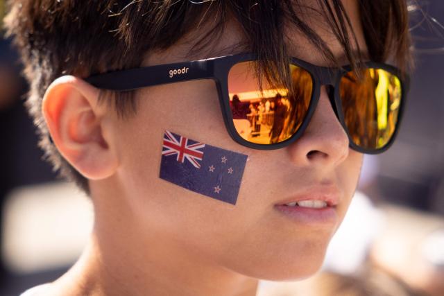 A young New Zealand fan arrives at Los Angeles Stadium (SoFi Stadium) ahead of the 2026 World Cup Group G football match between Iran and New Zealand in Inglewood, California, on June 15, 2026. (Photo by ETIENNE LAURENT / AFP)