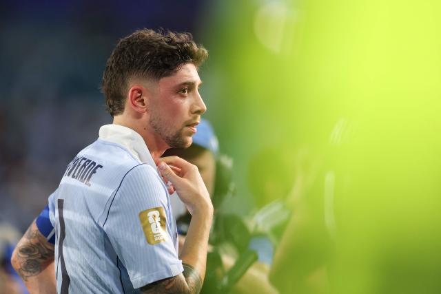 Uruguay's midfielder #08 Federico Valverde reacts at the end of the 2026 World Cup Group H football match between Saudi Arabia and Uruguay at the Miami Stadium in Miami Gardens on June 15, 2026.  (Photo by PATRICIA DE MELO MOREIRA / AFP)