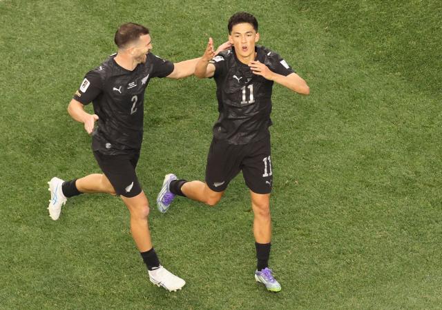 New Zealand's forward #11 Elijah Just celebrates scoring his team's second goal during the 2026 World Cup Group G football match between Iran and New Zealand at Los Angeles Stadium in Inglewood on June 15, 2026.  (Photo by Etienne Laurent / AFP)