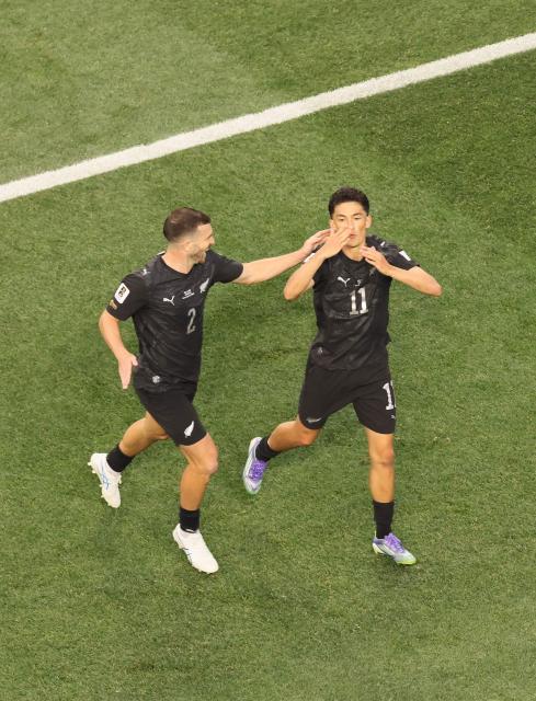 New Zealand's forward #11 Elijah Just celebrates scoring his team's second goal during the 2026 World Cup Group G football match between Iran and New Zealand at Los Angeles Stadium in Inglewood on June 15, 2026.  (Photo by Etienne Laurent / AFP)