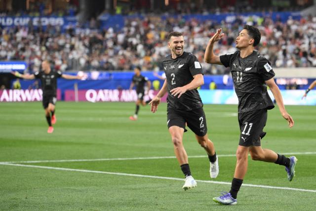 New Zealand's forward #11 Elijah Just celebrates scoring his team's second goal during the 2026 World Cup Group G football match between Iran and New Zealand at Los Angeles Stadium in Inglewood on June 15, 2026.  (Photo by Patrick T. Fallon / AFP)