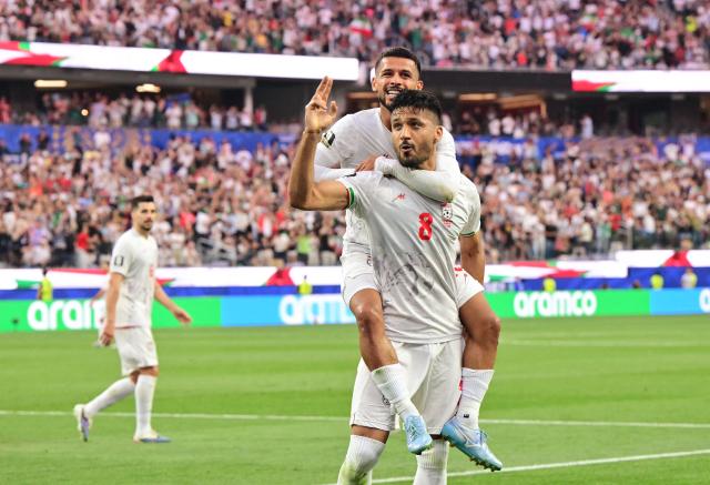 Iran's midfielder #08 Mohammad Mohebbi celebrates scoring his team's second goal during the 2026 World Cup Group G football match between Iran and New Zealand at Los Angeles Stadium in Inglewood on June 15, 2026.  (Photo by Frederic J. Brown / AFP)