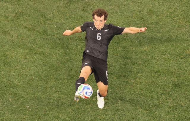 New Zealand's midfielder #06 Joe Bell kicks the ball during the 2026 World Cup Group G football match between Iran and New Zealand at Los Angeles Stadium in Inglewood on June 15, 2026.  (Photo by Etienne Laurent / AFP)