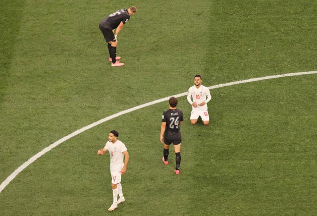 Iran's midfielder #10 Mehdi Ghayedi reacts after the 2026 World Cup Group G football match between Iran and New Zealand at Los Angeles Stadium in Inglewood on June 15, 2026.  (Photo by Etienne Laurent / AFP)