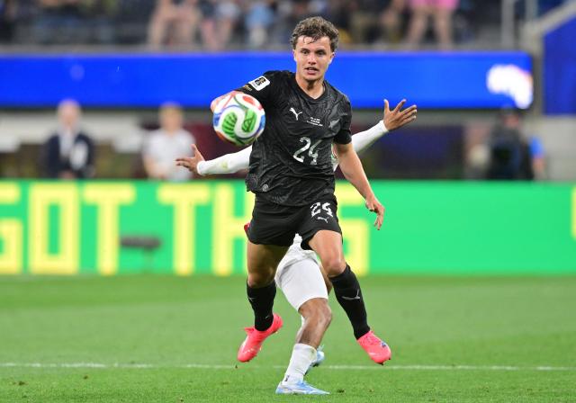 New Zealand's defender #24 Callan Elliot looks at the ball during the 2026 World Cup Group G football match between Iran and New Zealand at Los Angeles Stadium in Inglewood on June 15, 2026.  (Photo by Frederic J. Brown / AFP)
