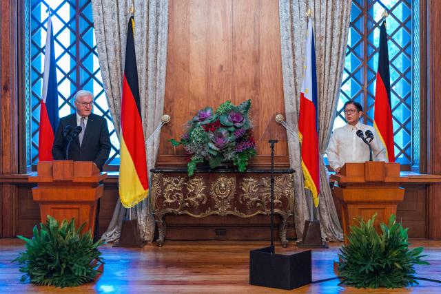 German President Frank-Walter Steinmeier (L) looks on as Philippine President Ferdinand Marcos speaks during a joint press conference at the Malacanang Palace in Manila on June 16, 2026. (Photo by Ezra Acayan / POOL / AFP)