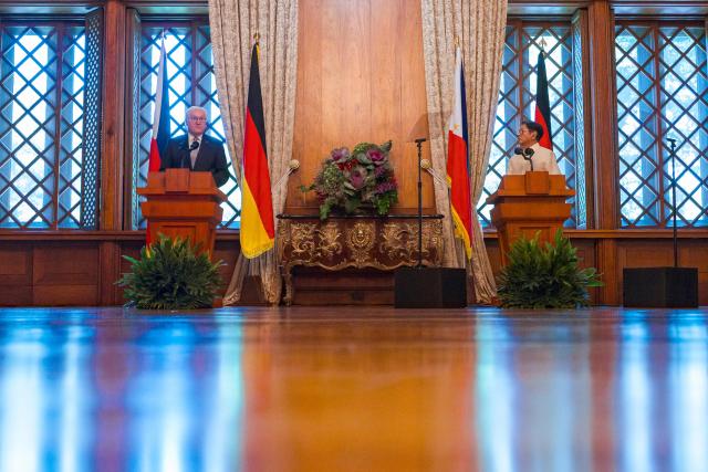 German President Frank-Walter Steinmeier (L) looks on as Philippine President Ferdinand Marcos speaks during a press conference at the Malacanang Palace in Manila on June 16, 2026. (Photo by Ezra Acayan / POOL / AFP)