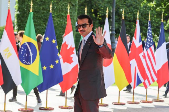 Qatar's Emir Sheikh Tamim bin Hamad al-Thani arrives ahead of a meeting as part of the G7 summit, in Evian, eastern France, on June 16, 2026. A G7 summit is set to take place June 15 to 17 in the French town of Evian-les-Bains near Switzerland and it will be attended by country leaders as well as the EU's foreign policy chief and ministers from Brazil, Canada, the United Arab Emirates and Turkey. (Photo by Ludovic MARIN / AFP)
