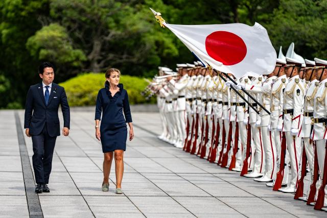 Netherlands' Deputy Prime Minister and Defence Minister Dilan Yesilgoz-Zegerius (R) and Japan's Defense Minister Shinjiro Koizumi (L) inspect an honour guard during the Japan–Netherlands Defense Ministers' Meeting in Tokyo on June 16, 2026. (Photo by Philip FONG / AFP)