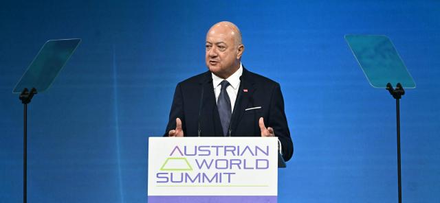 Austrian Chancellor Christian Stocker addresses guests during the opening of the Austrian World Summit (AWS) of the Schwarzenegger Climate Initiative on June 16, 2026 in Vienna, Austria. The annual conference's main goal is, according to its organisers, "to offer a broad platform for concrete solutions and successful ideas that motivate and act as role models as well as connect people, businesses and climate leaders". (Photo by Joe Klamar / AFP)