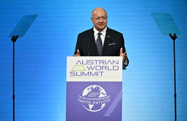 Austrian Chancellor Christian Stocker addresses guests during the opening of the Austrian World Summit (AWS) of the Schwarzenegger Climate Initiative on June 16, 2026 in Vienna, Austria. The annual conference's main goal is, according to its organisers, "to offer a broad platform for concrete solutions and successful ideas that motivate and act as role models as well as connect people, businesses and climate leaders". (Photo by Joe Klamar / AFP)