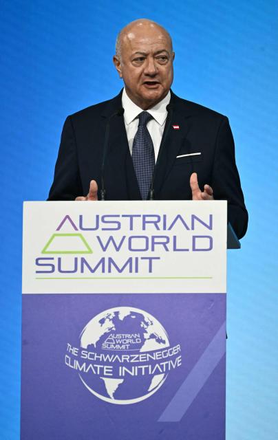 Austrian Chancellor Christian Stocker addresses guests during the opening of the Austrian World Summit (AWS) of the Schwarzenegger Climate Initiative on June 16, 2026 in Vienna, Austria. The annual conference's main goal is, according to its organisers, "to offer a broad platform for concrete solutions and successful ideas that motivate and act as role models as well as connect people, businesses and climate leaders". (Photo by Joe Klamar / AFP)