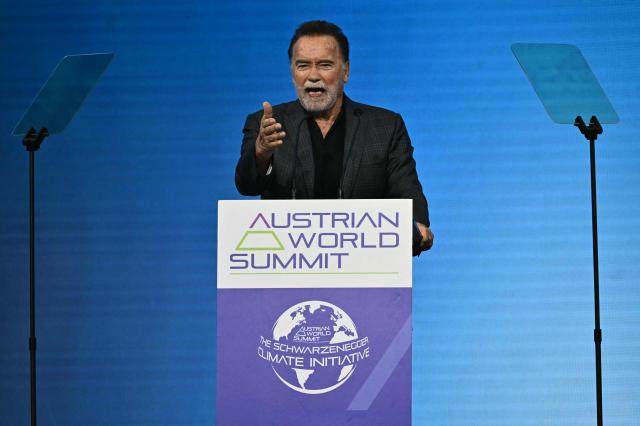 US-Austrian actor and former Governor of California Arnold Schwarzenegger speaks at the Schwarzenegger Climate Initiative  the Austrian World Summit of the Schwarzenegger Climate Initiative on June 16, 2026 in Vienna, Austria. The annual conference's main goal is, according to its organisers, "to offer a broad platform for concrete solutions and successful ideas that motivate and act as role models as well as connect people, businesses and climate leaders". (Photo by Joe Klamar / AFP)