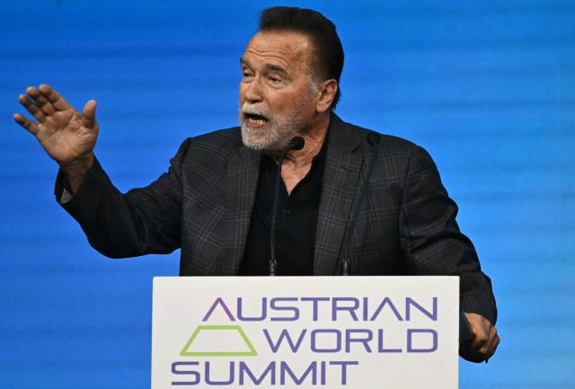 US-Austrian actor and former Governor of California Arnold Schwarzenegger speaks at the Schwarzenegger Climate Initiative the Austrian World Summit of the Schwarzenegger Climate Initiative on June 16, 2026 in Vienna, Austria. The annual conference's main goal is, according to its organisers, "to offer a broad platform for concrete solutions and successful ideas that motivate and act as role models as well as connect people, businesses and climate leaders". (Photo by Joe Klamar / AFP)