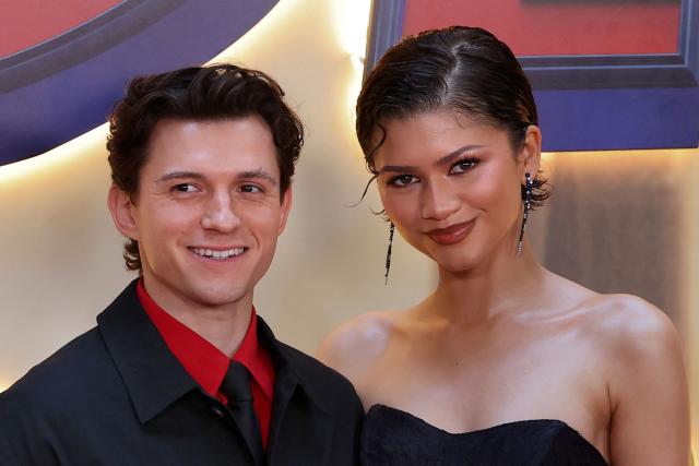 US actress Zendaya and British actor Tom Holland pose during a photocall for « Spider-Man: brand new day »  movie in a hotel in Madrid on June 15, 2026. (Photo by Thomas COEX / AFP)
