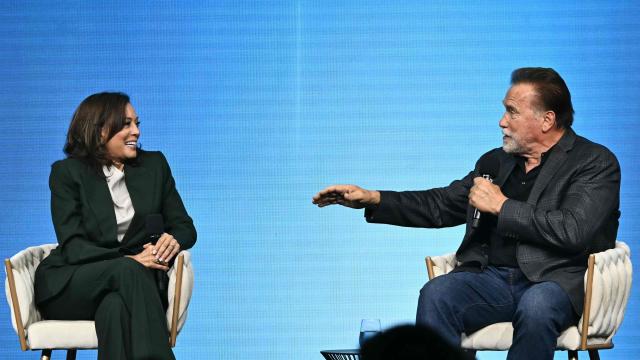 US-Austrian actor and former Governor of California Arnold Schwarzenegger (R) and former US Vice-President Kamala Harris talk during a panel discussion at the Austrian World Summit of the Schwarzenegger Climate Initiative on June 16, 2026 in Vienna, Austria. The annual conference's main goal is, according to its organisers, "to offer a broad platform for concrete solutions and successful ideas that motivate and act as role models as well as connect people, businesses and climate leaders". (Photo by Joe Klamar / AFP)