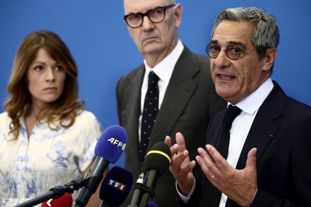 France's Government Spokesperson and junior Minister for Energy and Digital economy Maud Bregeon (L), France's Economy, Finances and Industry Minister Roland Lescure and France's Trade Minister Serge Papin speak to the press prior to a meeting with fuel dispensers at Bercy, France's Finance Ministry, in Paris on June 16, 2026. (Photo by Guillaume BAPTISTE / AFP)