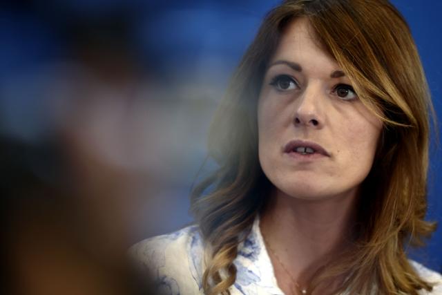 France's Government Spokesperson and junior Minister for Energy and Digital economy Maud Bregeon reacts as she speaks to the press prior to a meeting with fuel dispensers at Bercy, France's Finance Ministry, in Paris on June 16, 2026. (Photo by Guillaume BAPTISTE / AFP)
