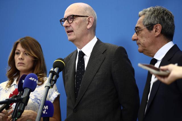 France's Government Spokesperson and junior Minister for Energy and Digital economy Maud Bregeon (L), France's Economy, Finances and Industry Minister Roland Lescure and France's Trade Minister Serge Papin speak to the press prior to a meeting with fuel dispensers at Bercy, France's Finance Ministry, in Paris on June 16, 2026. (Photo by Guillaume BAPTISTE / AFP)