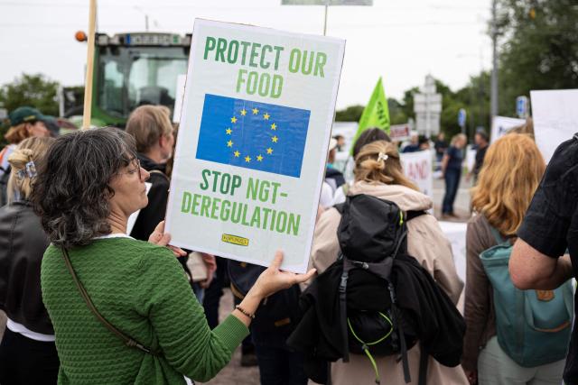A demonstrator holds a placard reading "Protect our food - Stop NGT - deregulation" as protestors gather in front of the European Parliament during a demonstration to call MEPs to vote against a proposal to deregulate genetically modified organisms, in Strasbourg, eastern France on June 16, 2026. (Photo by ROMEO BOETZLE / AFP)